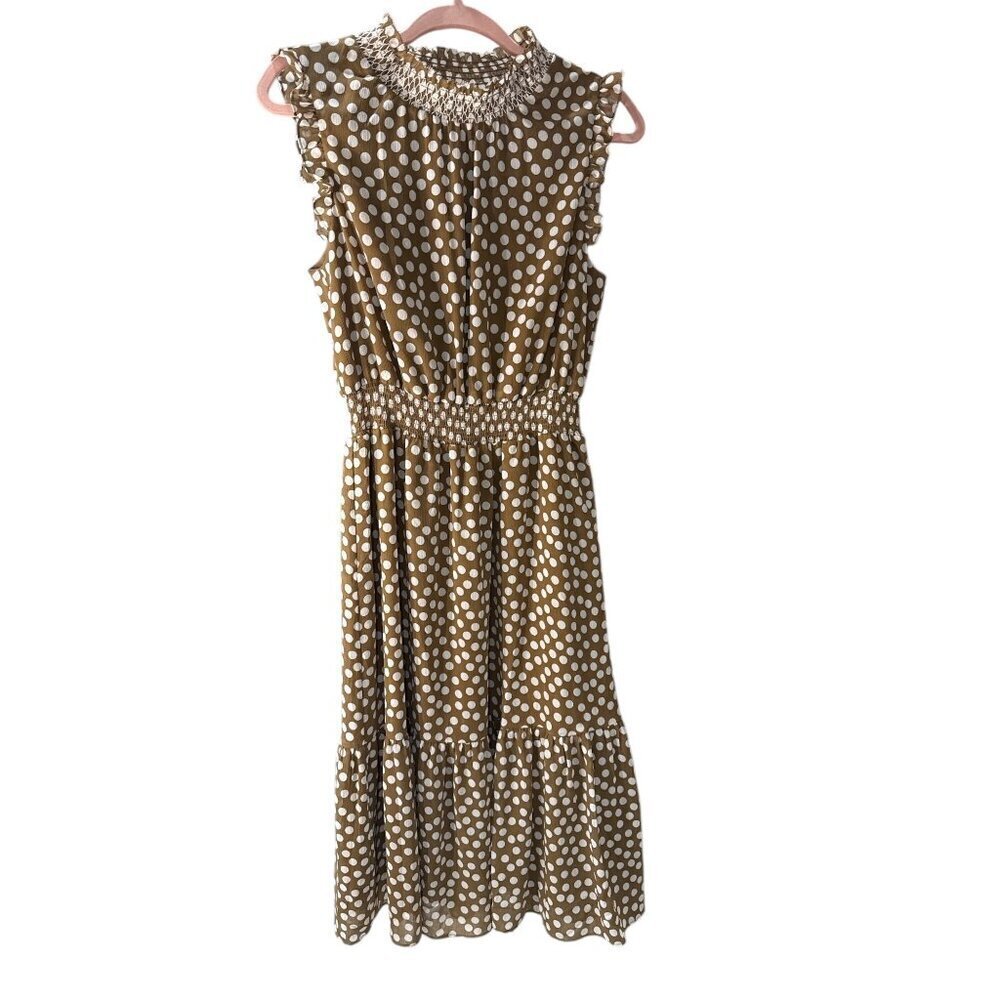 J.Crew Brown & White Polka Dot Midi Dress Smocked Collar & Waist Size XS EUC